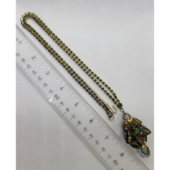 Gold Tone Green Rhinestone Chain Necklace With Rhinestone Pendant – 24” Long - Picture 5 of 6
